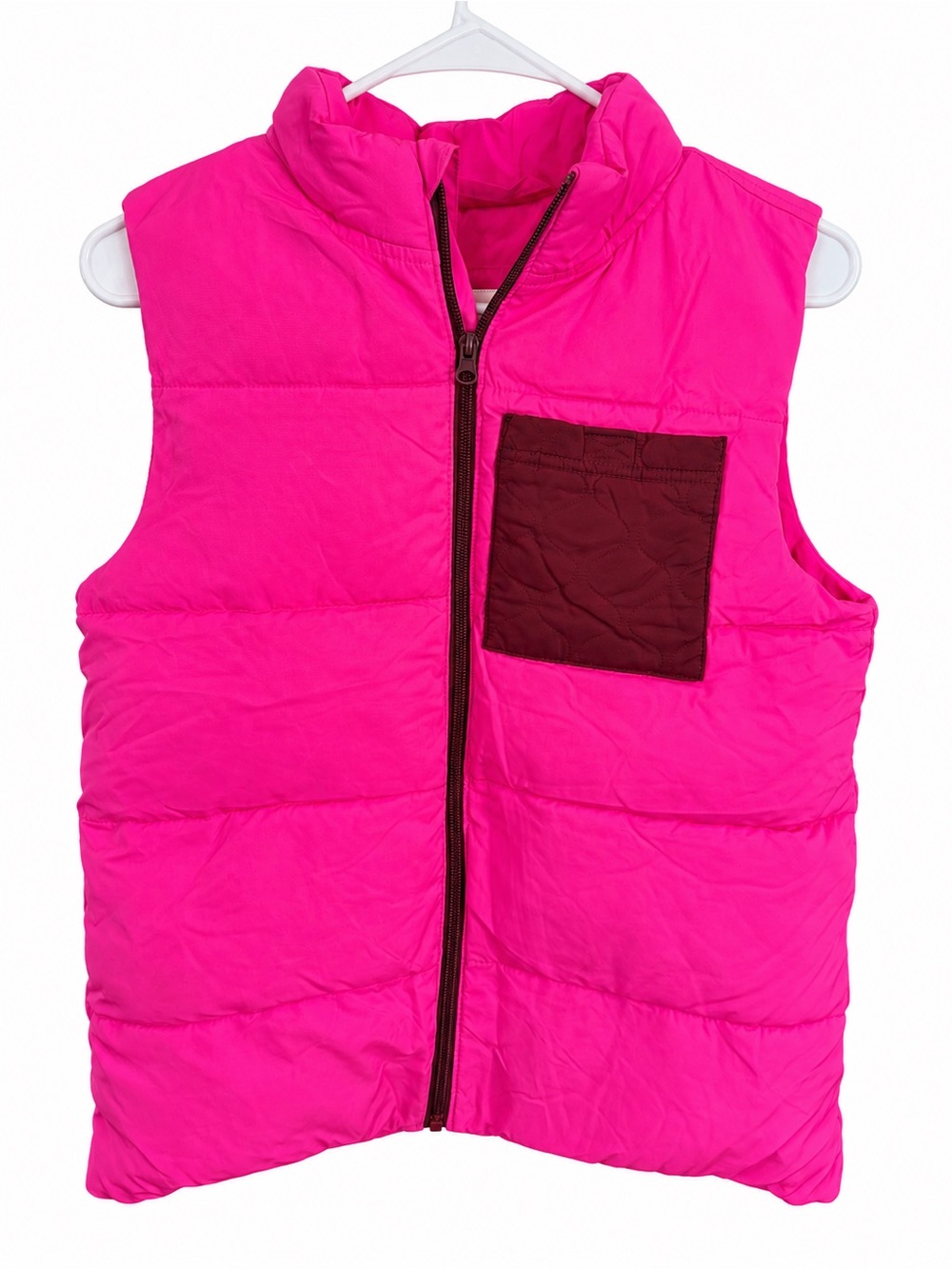 Hot pink puffer vest with burgundy pocket